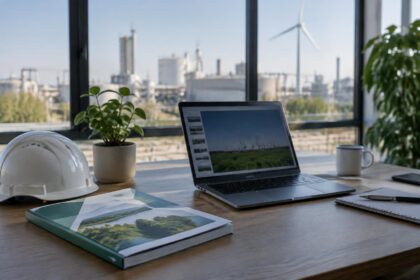 Rapport de durabilité : rapport de durabilité relié posé à côté d'un ordinateur portable ouvert sur un bureau