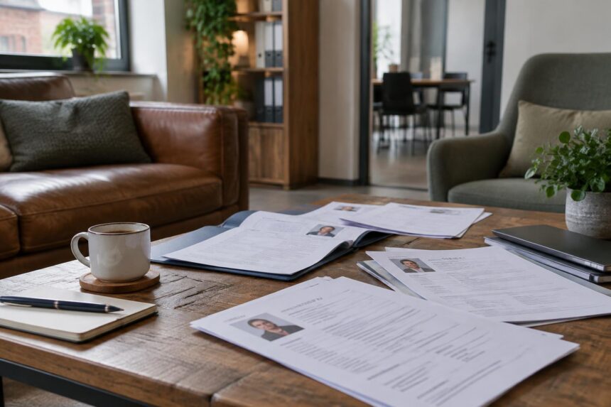 Recruter en PME : dossiers de candidature ouverts sur une table basse