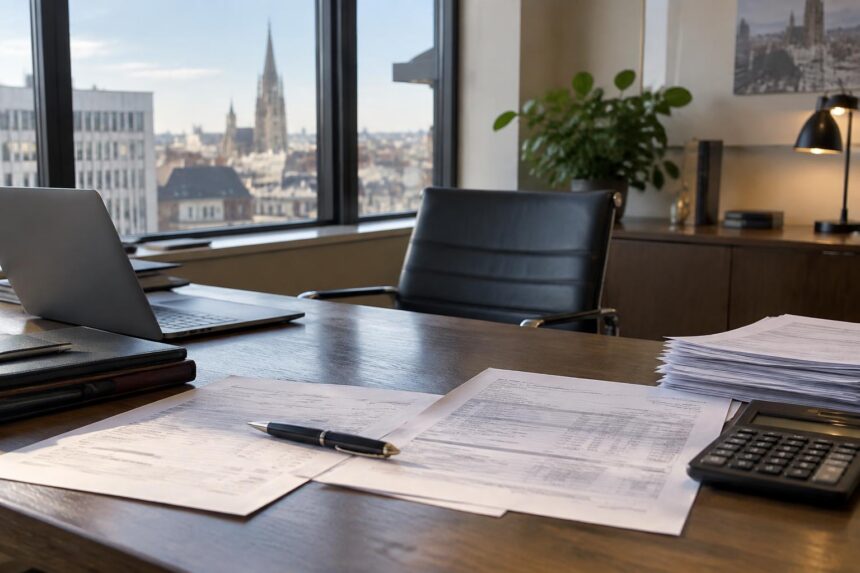 Rémunération du dirigeant : relevé de rémunération et bulletin de dividendes posés sur un bureau de direction belge