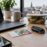 Avantages extralégaux : carte de titres-repas et clés de voiture de société posées sur un bureau à côté d'un ordinateur