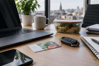 Avantages extralégaux : carte de titres-repas et clés de voiture de société posées sur un bureau à côté d'un ordinateur