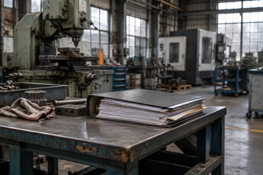 Réorganisation judiciaire : atelier industriel belge silencieux avec machines à l'arrêt