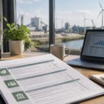 Questionnaire ESG : questionnaire ESG imprimé posé sur un bureau à côté d'un ordinateur portable affichant un tableau flou
