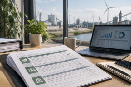 Questionnaire ESG : questionnaire ESG imprimé posé sur un bureau à côté d'un ordinateur portable affichant un tableau flou