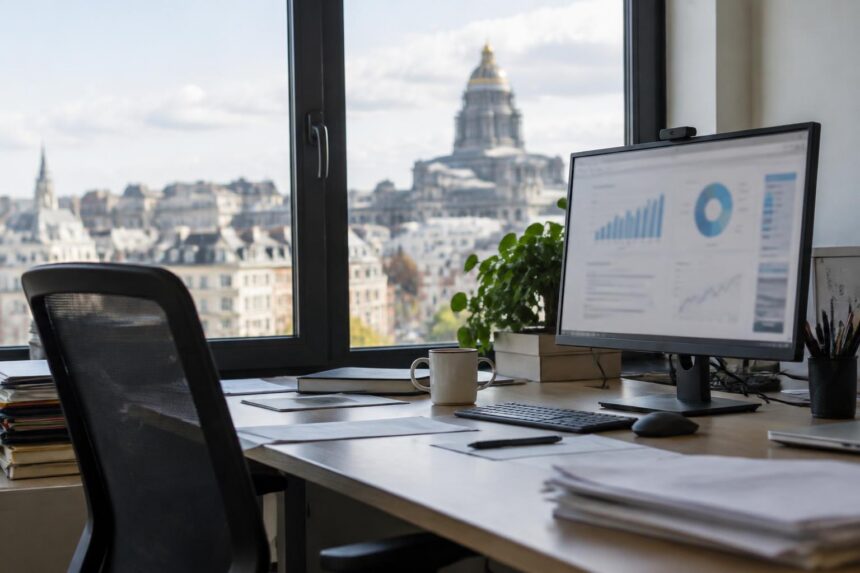 Rétention des talents : graphique statistique flou affiché sur un écran d'ordinateur dans un bureau belge vide