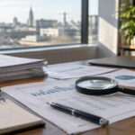 Santé financière d'un fournisseur : bilan financier et extrait de compte posés sur un bureau à côté d'une loupe