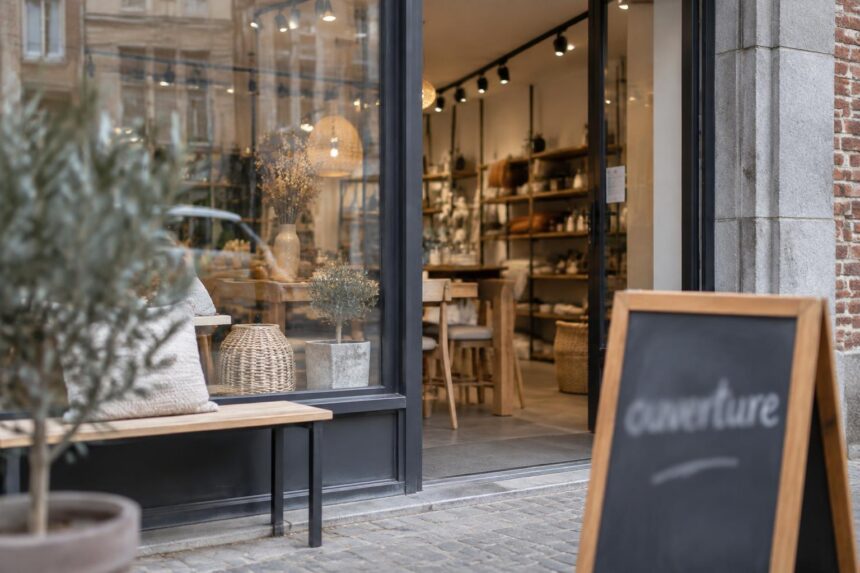 Seconde chance après faillite : vitrine d'un commerce belge rouvert avec un panneau flouté « ouverture » et du mobilier neuf visible