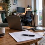 Télétravail en Belgique : accord de télétravail signé posé sur une table basse dans un coin bureau aménagé d'un salon belge