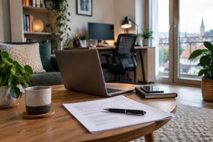 Télétravail en Belgique : accord de télétravail signé posé sur une table basse dans un coin bureau aménagé d'un salon belge
